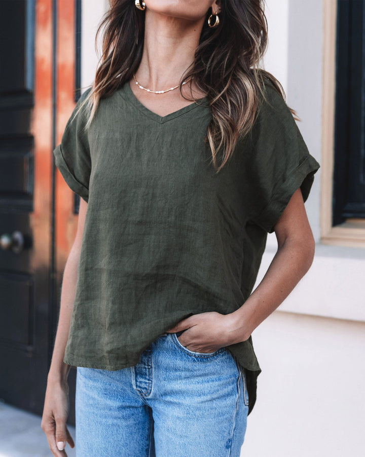 Martina Olive Green Sand Washed Linen T-Shirt