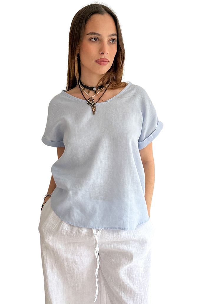 Martina Powder Blue Sand Washed Linen T-Shirt