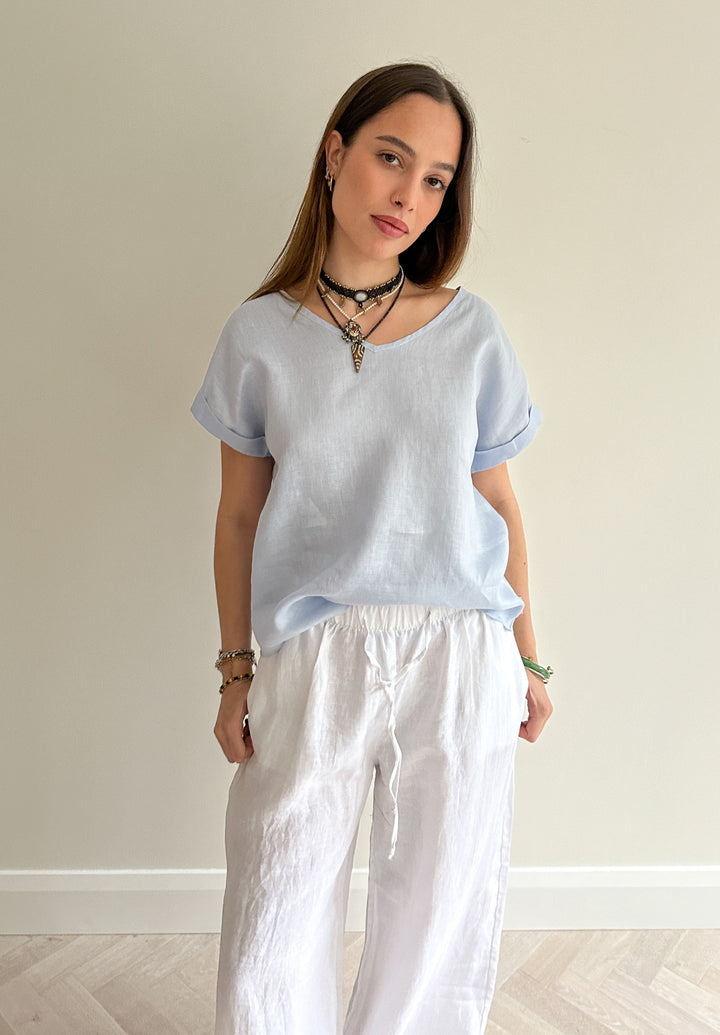 Martina Powder Blue Sand Washed Linen T-Shirt