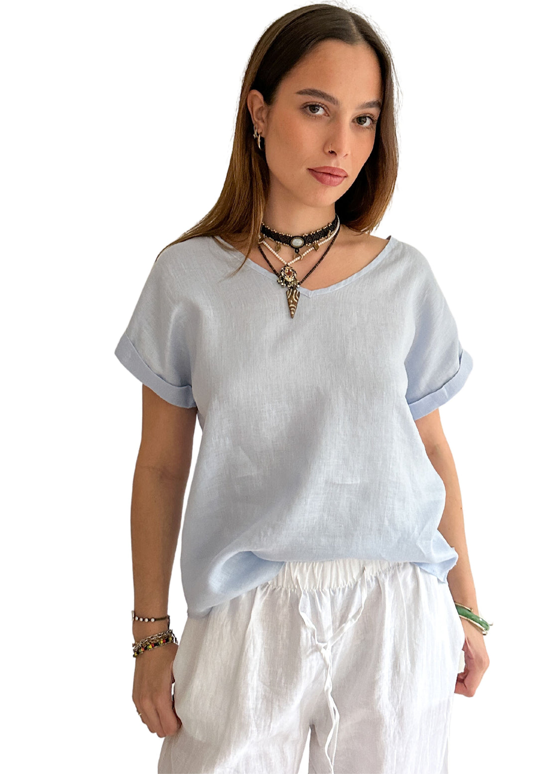 Martina Powder Blue Sand Washed Linen T-Shirt