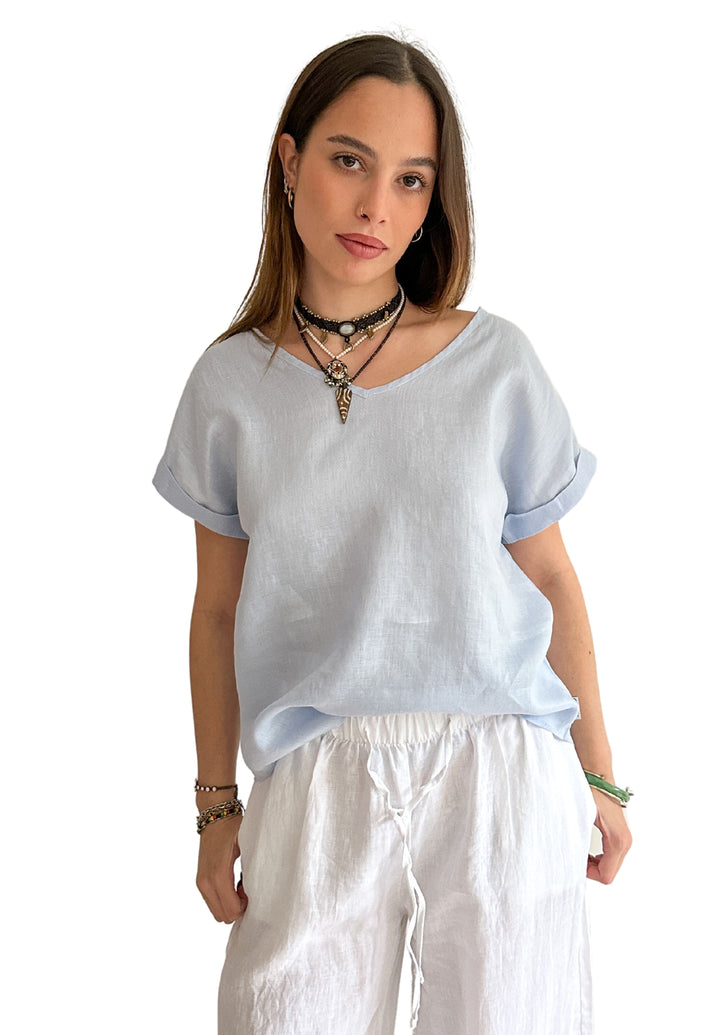 Martina Powder Blue Sand Washed Linen T-Shirt