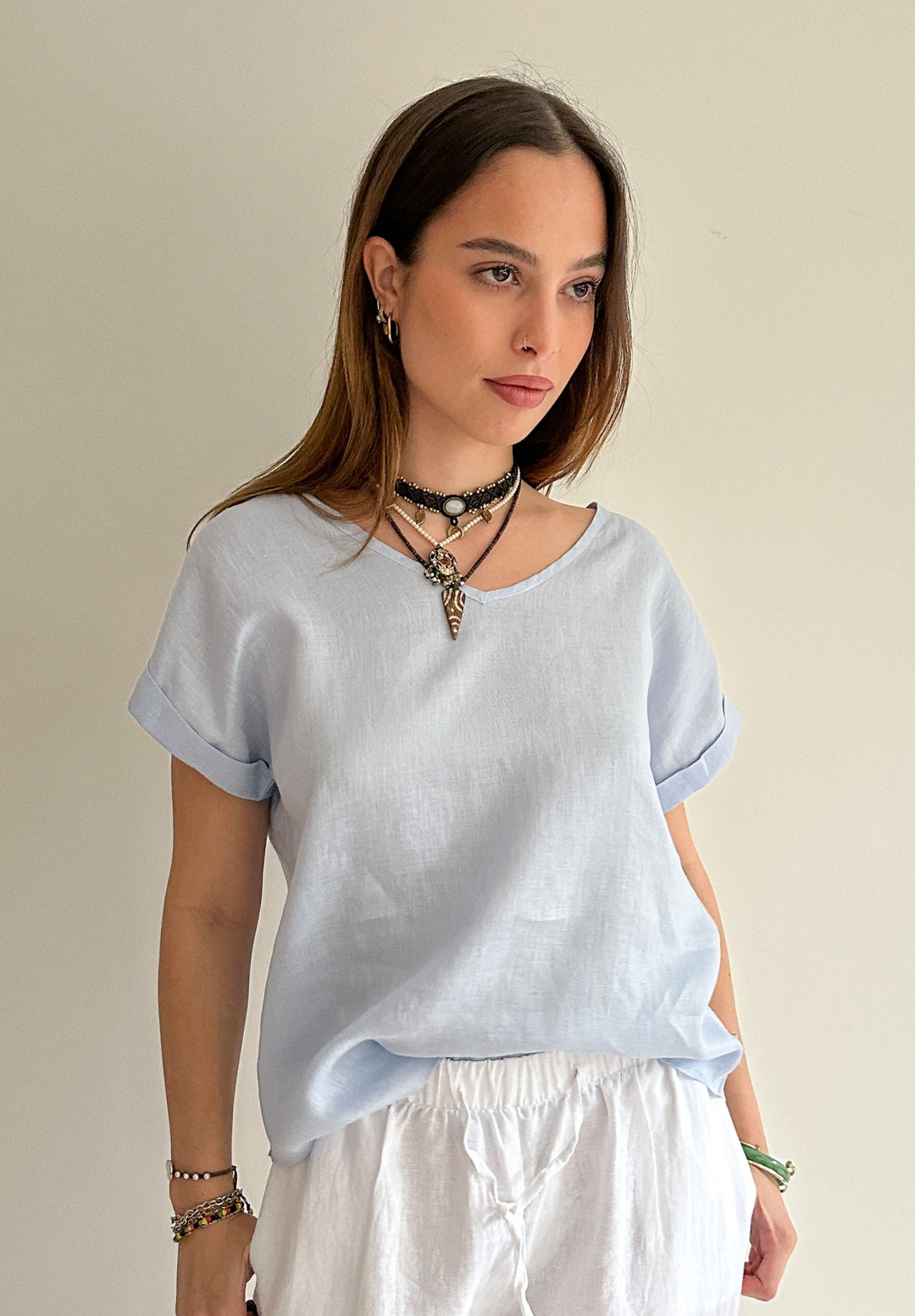 Martina Powder Blue Sand Washed Linen T-Shirt