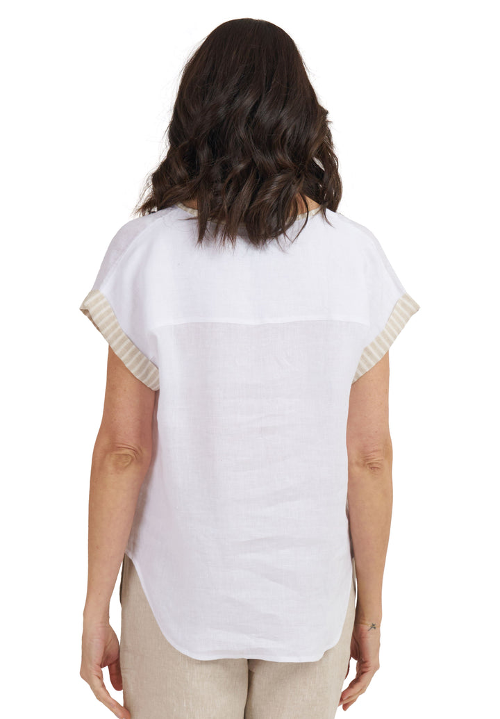 Martina Beige Stripes Contrast Linen T-Shirt