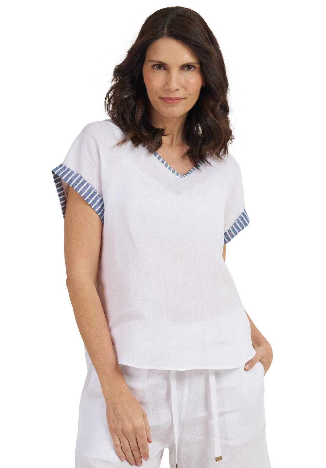 Martina Indigo Stripes Contrast Linen T-Shirt