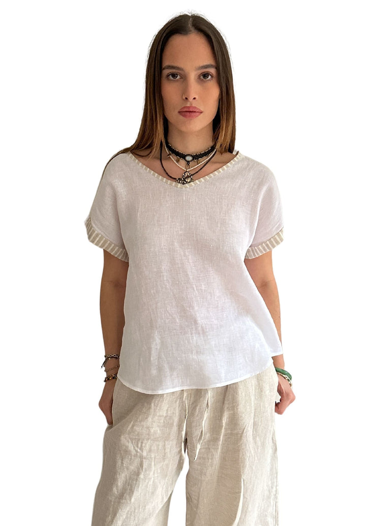 Martina Beige Stripes Contrast Linen T-Shirt