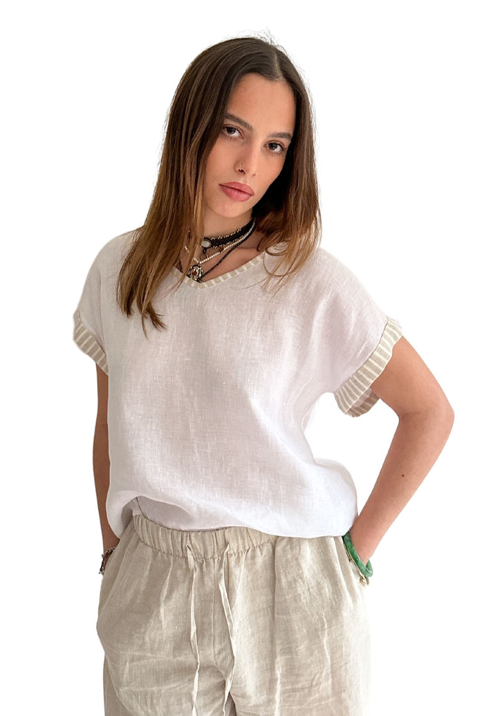 Martina Beige Stripes Contrast Linen T-Shirt