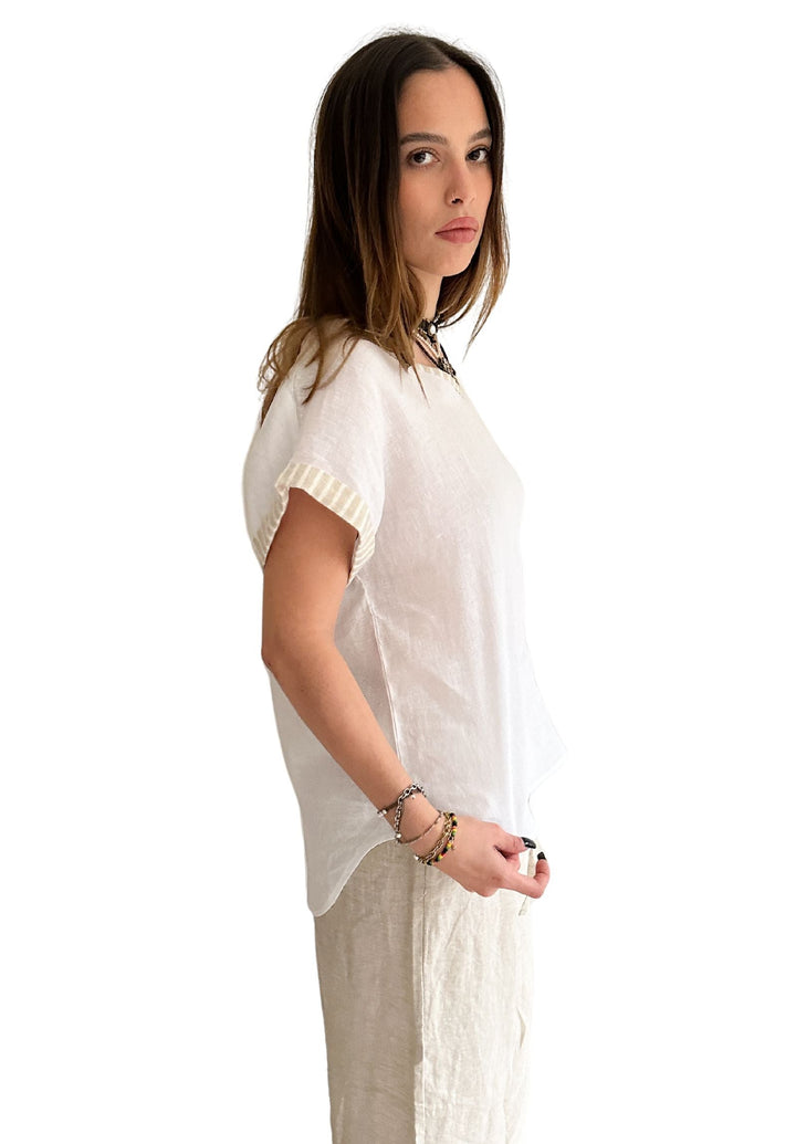 Martina Beige Stripes Contrast Linen T-Shirt