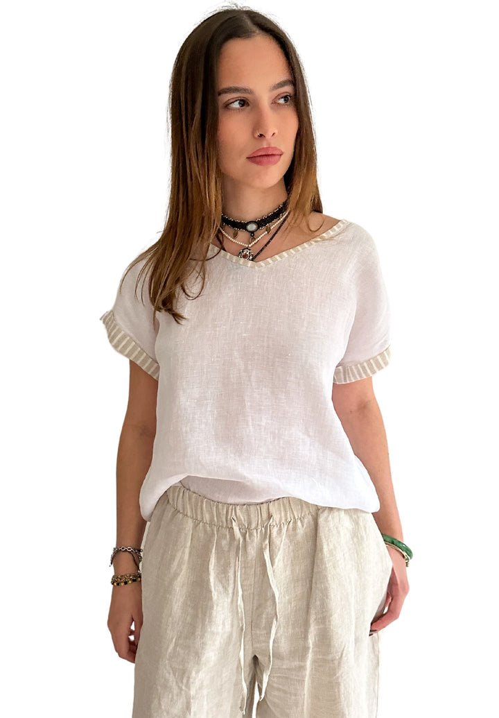 Martina Beige Stripes Contrast Linen T-Shirt