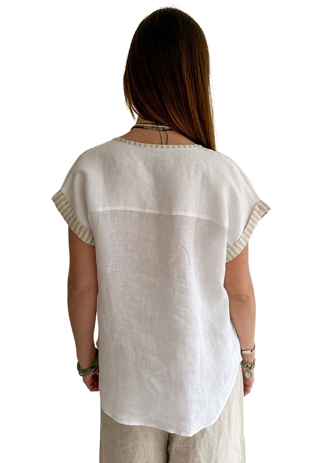 Martina Beige Stripes Contrast Linen T-Shirt