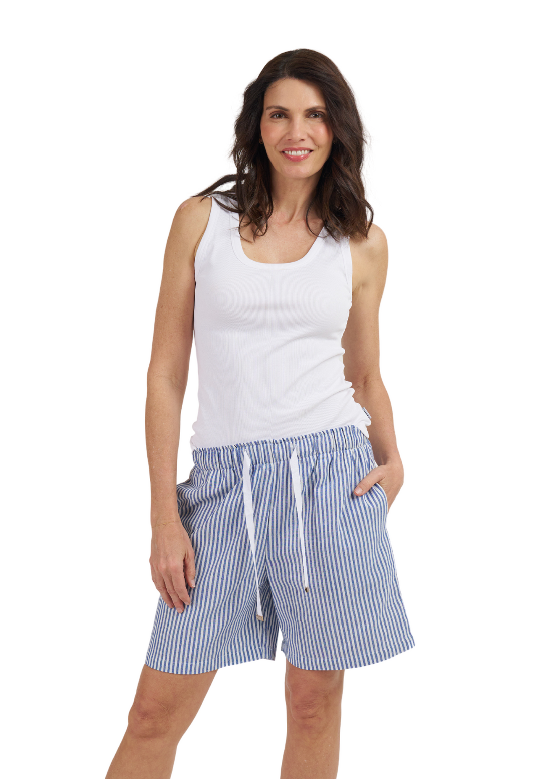 Panthea Navy Blue Stripes Linen Shorts