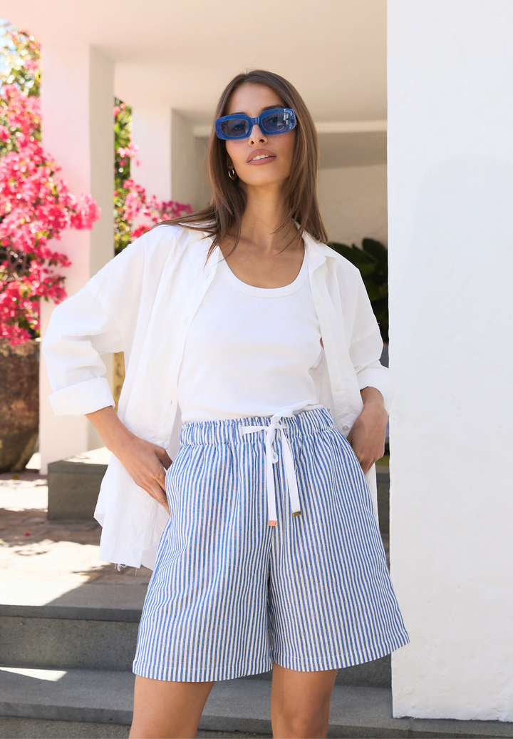 Panthea Navy Blue Stripes Linen Shorts