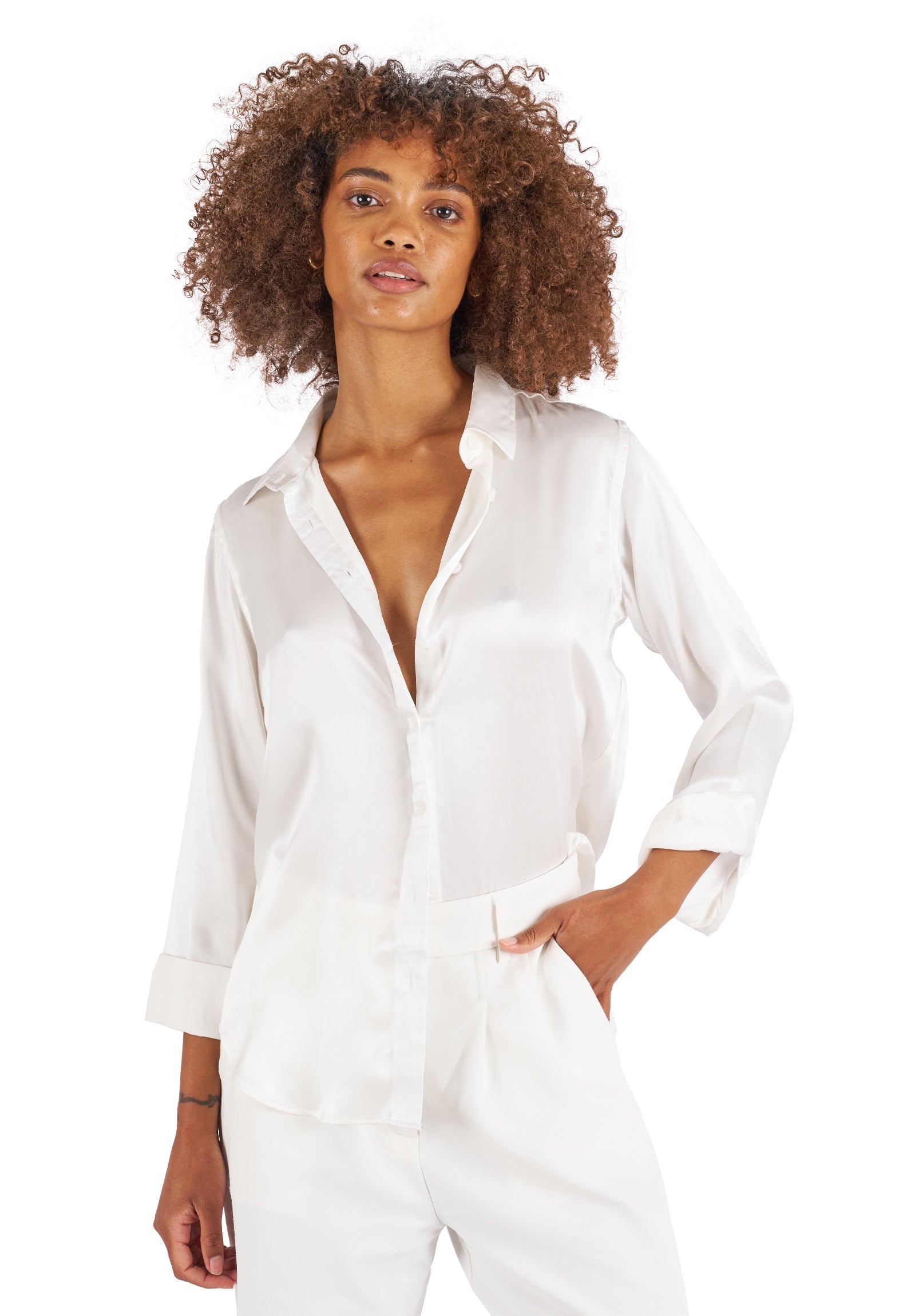 Satin-Silk White Relaxed Fit Charmeuse Silk Shirt – camixa.com