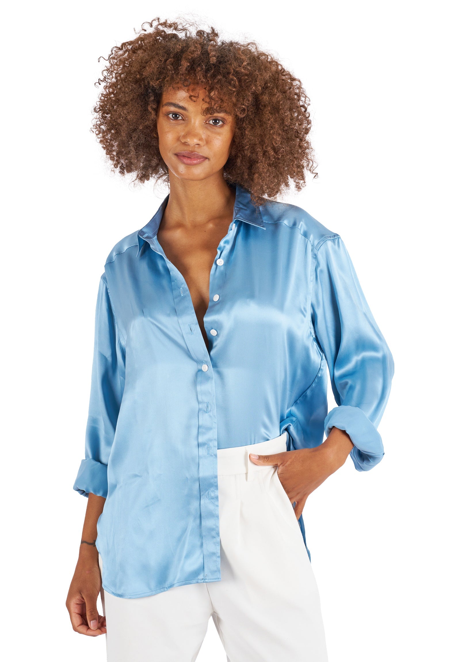 Blue silk shirt womens best sale