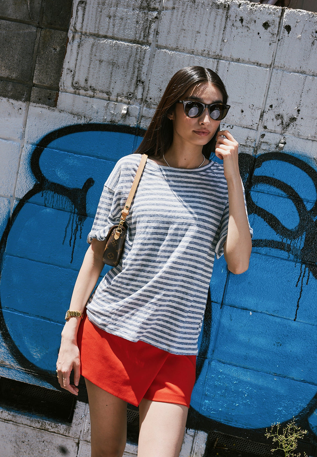 Francy-Linen Denim Stripes Rolled Sleeve T-Shirt