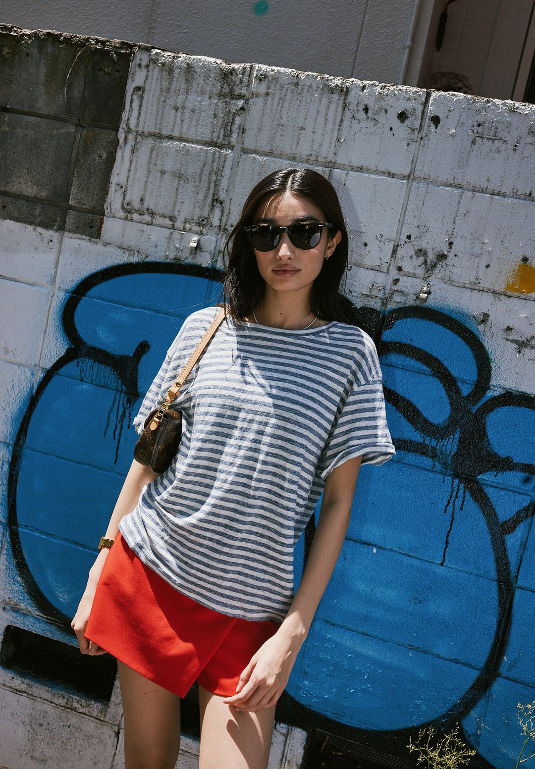 Francy-Linen Denim Stripes Rolled Sleeve T-Shirt