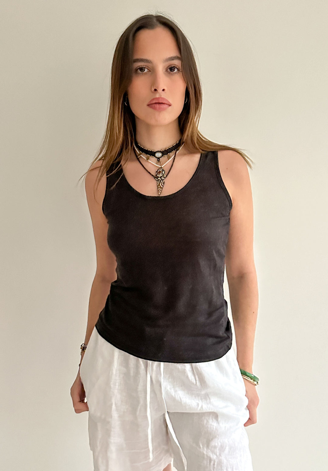 Tecla Black Linen Jersey Tank Top