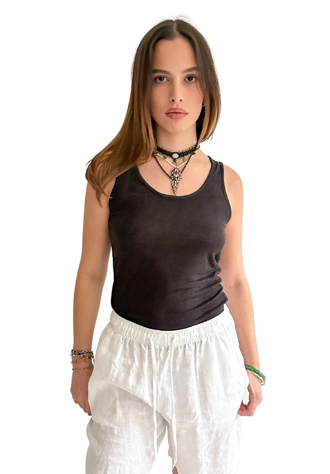 Tecla Black Linen Jersey Tank Top