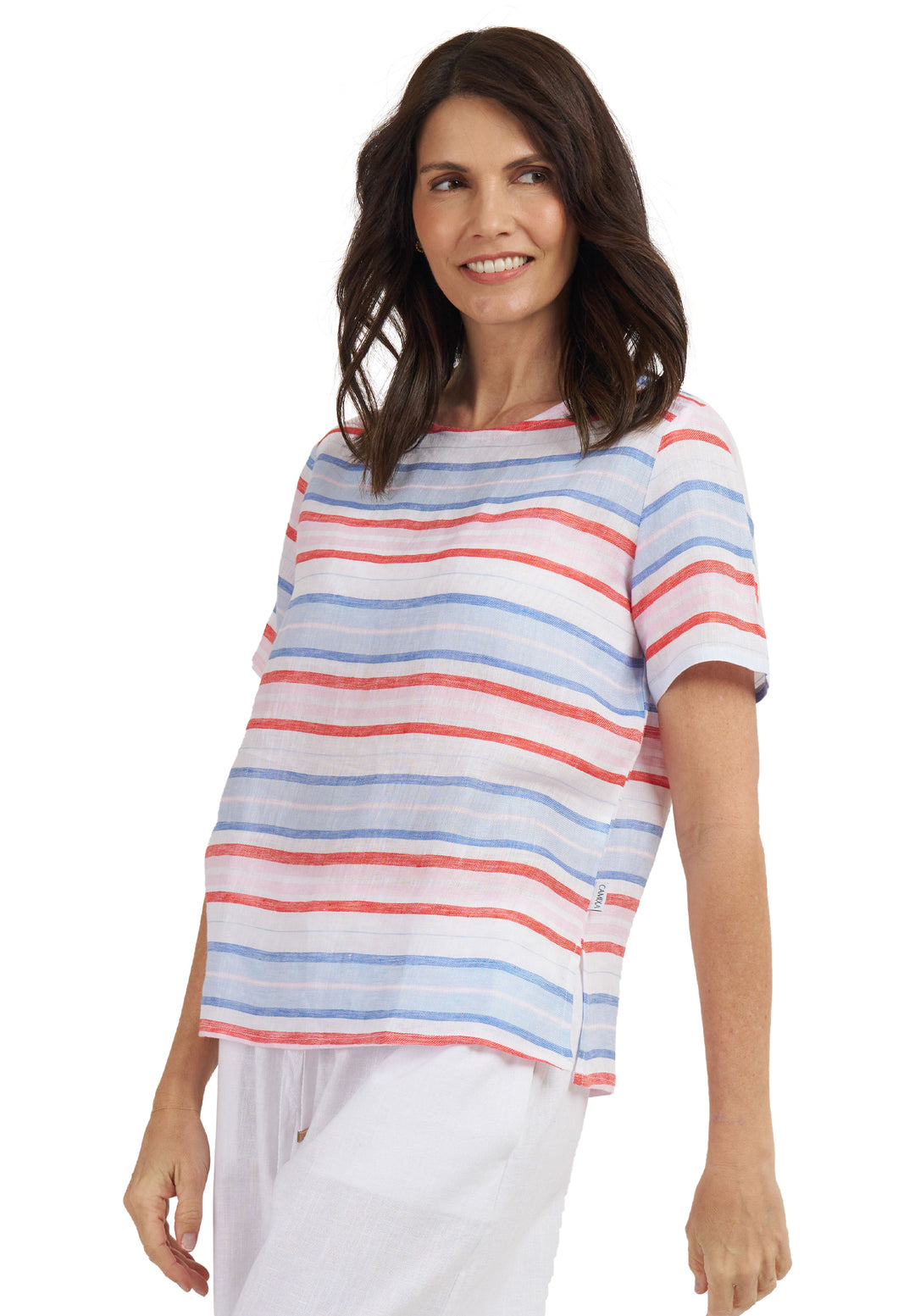 Teena-Linen Multi Stripes T-Shirt - Red Blue White