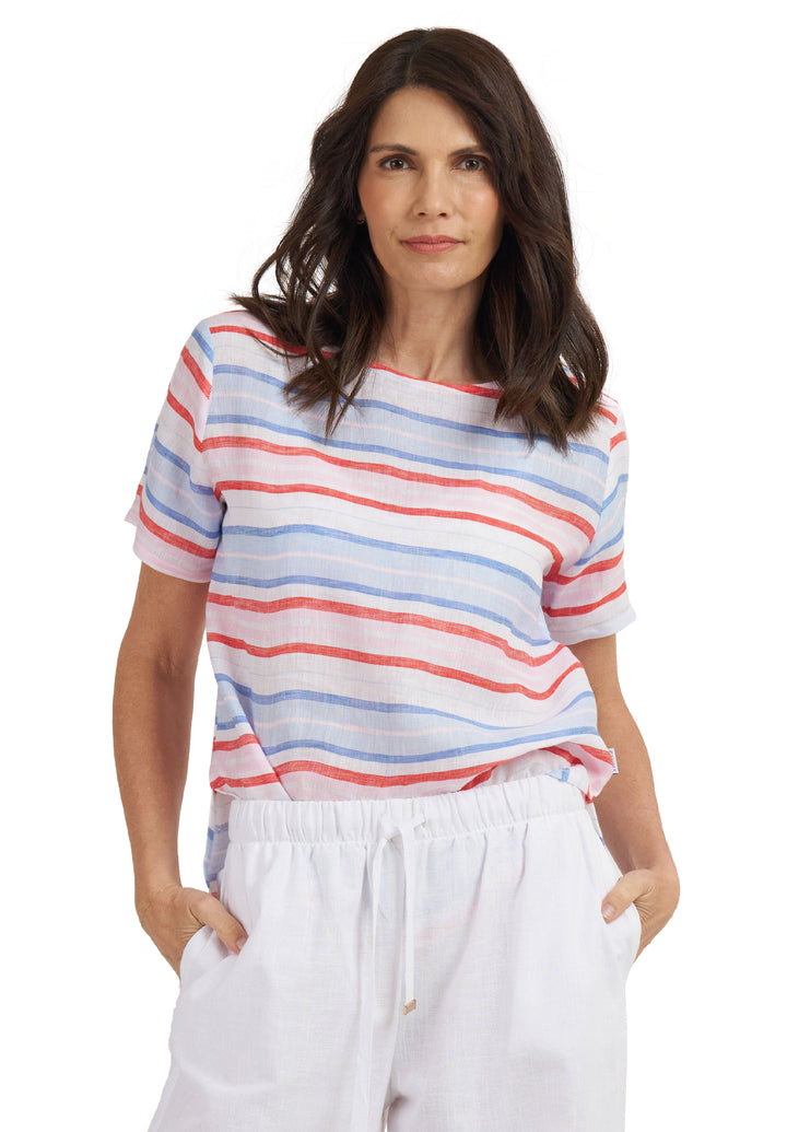 Teena-Linen Multi Stripes T-Shirt - Red Blue White