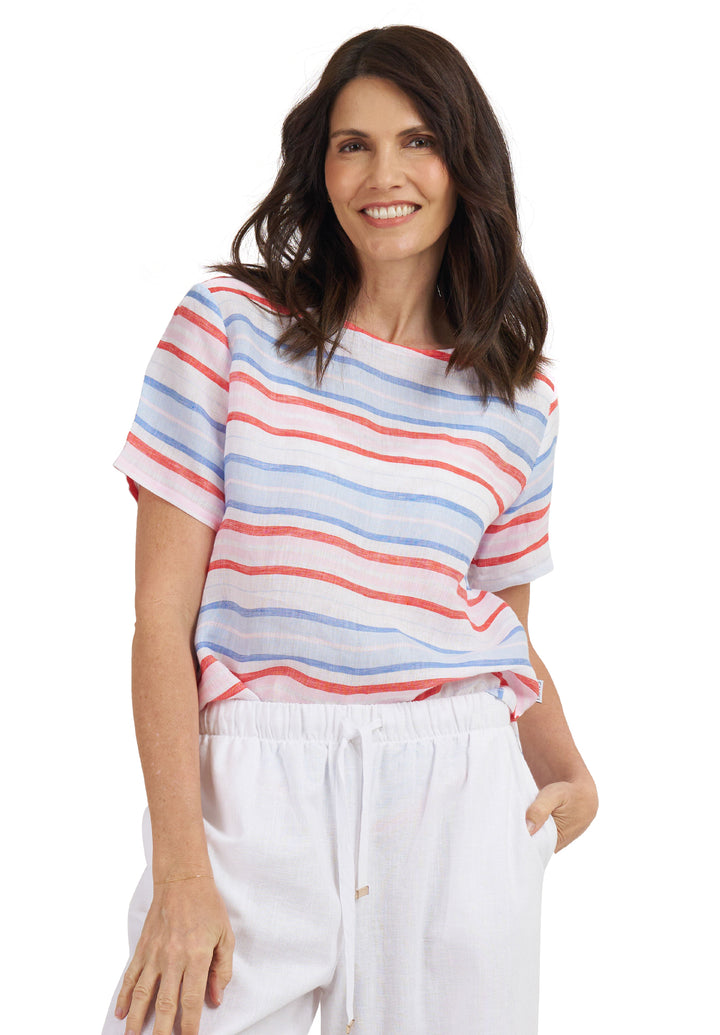 Teena-Linen Multi Stripes T-Shirt - Red Blue White