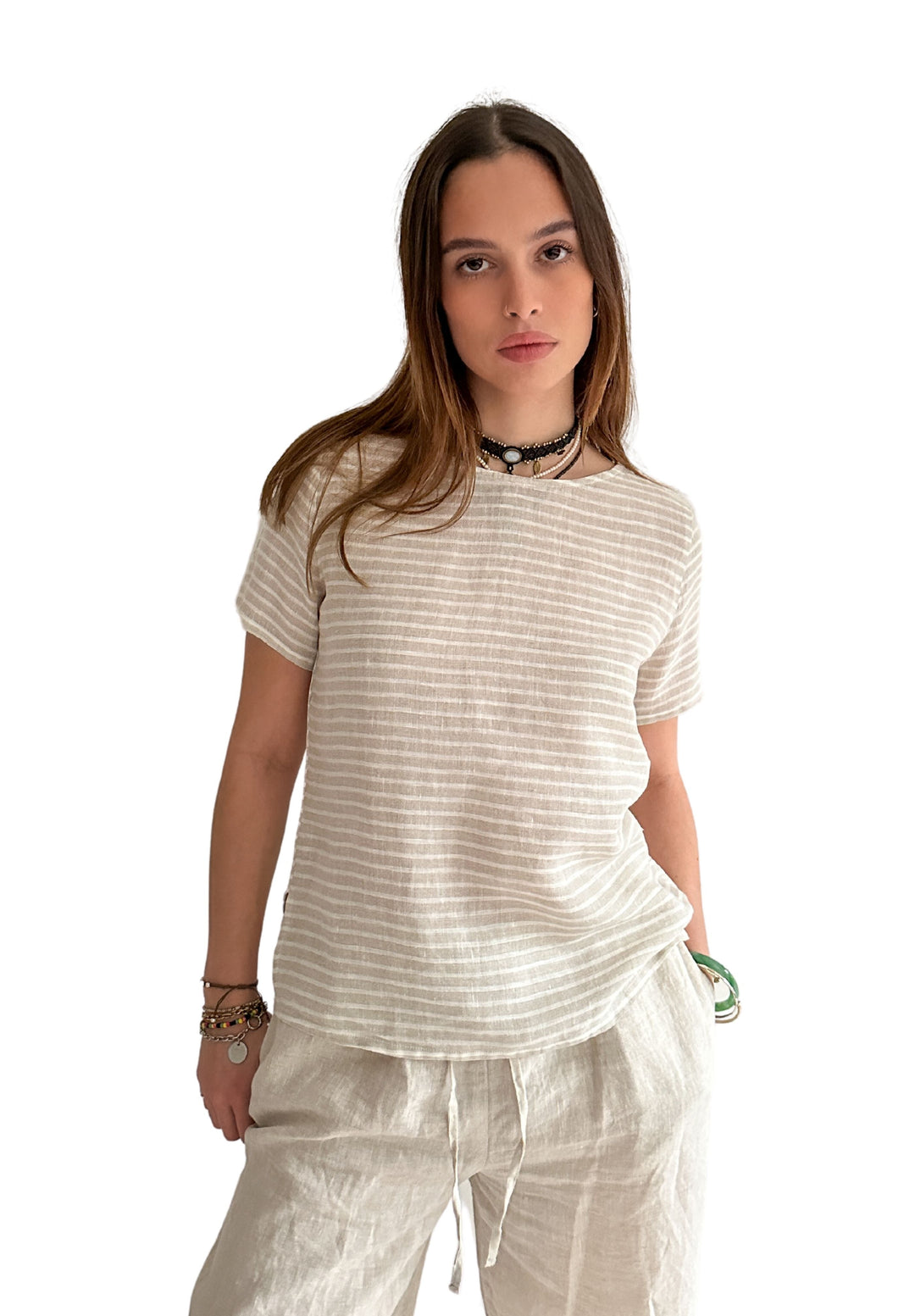 Teena-Linen Beige Stripes T-Shirt