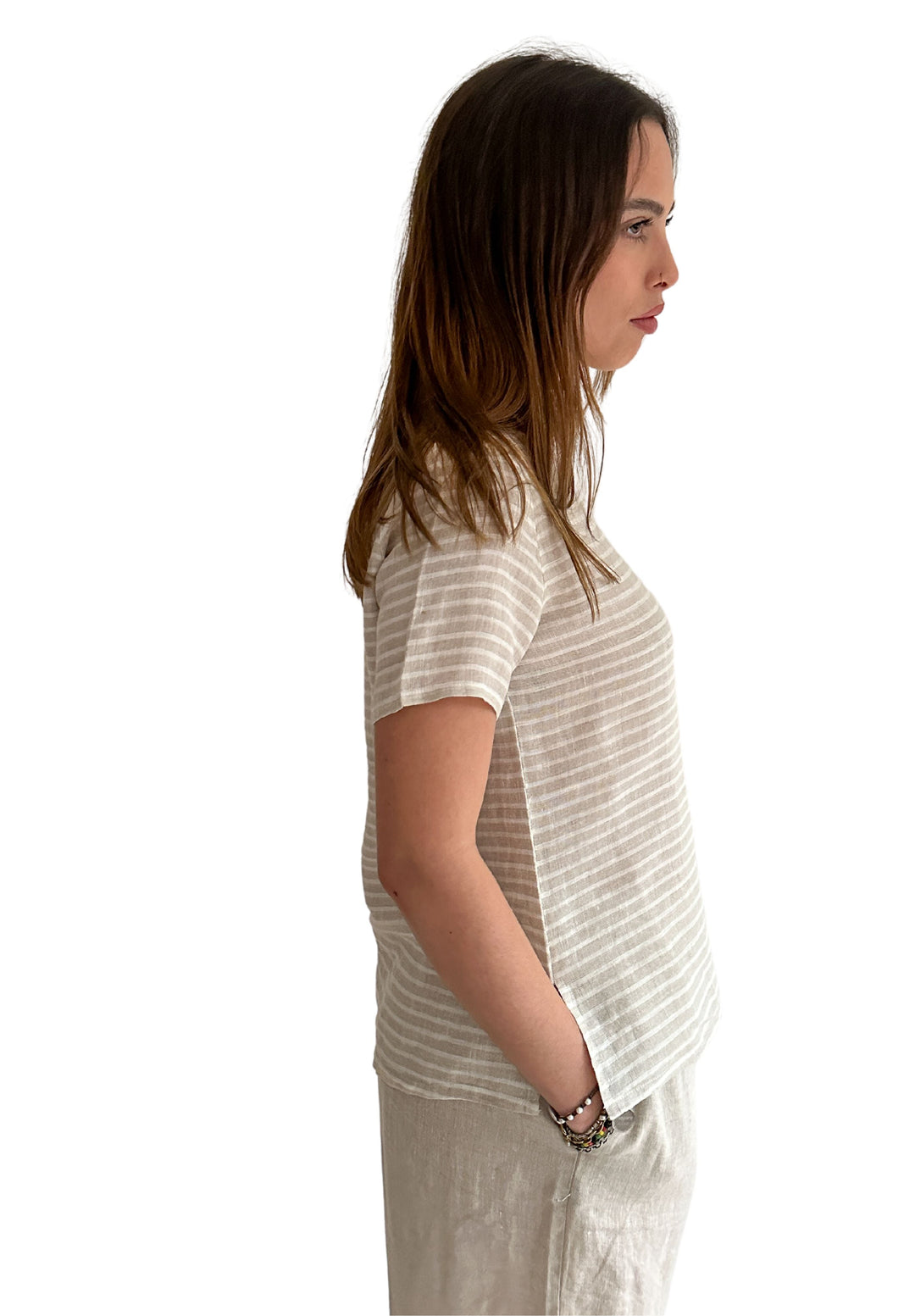 Teena-Linen Beige Stripes T-Shirt