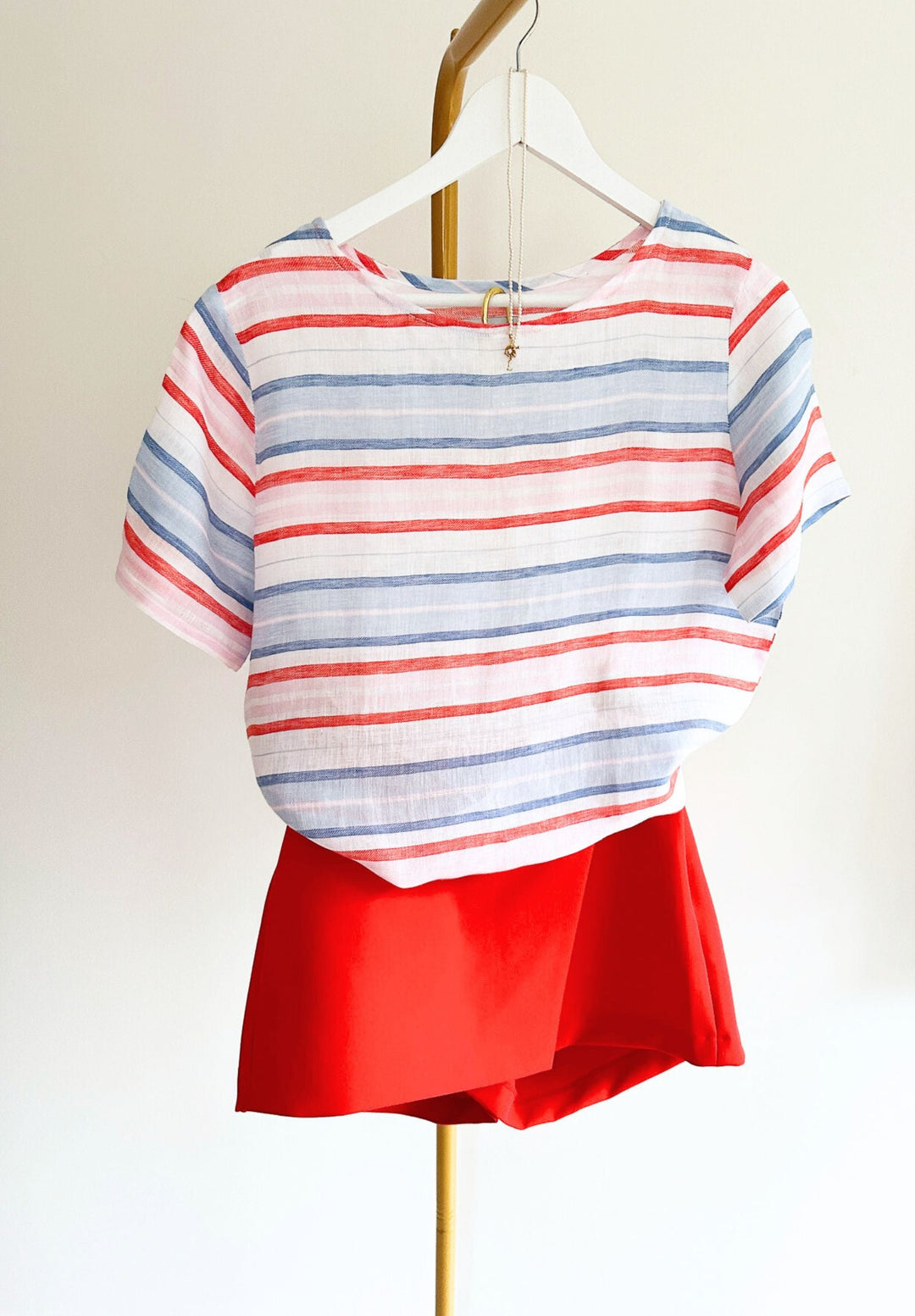 Teena-Linen Multi Stripes T-Shirt - Red Blue White