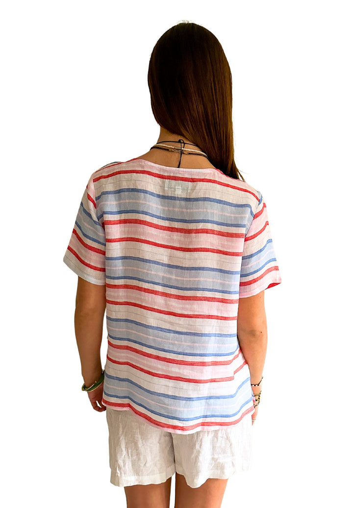 Teena-Linen Multi Stripes T-Shirt - Red Blue White