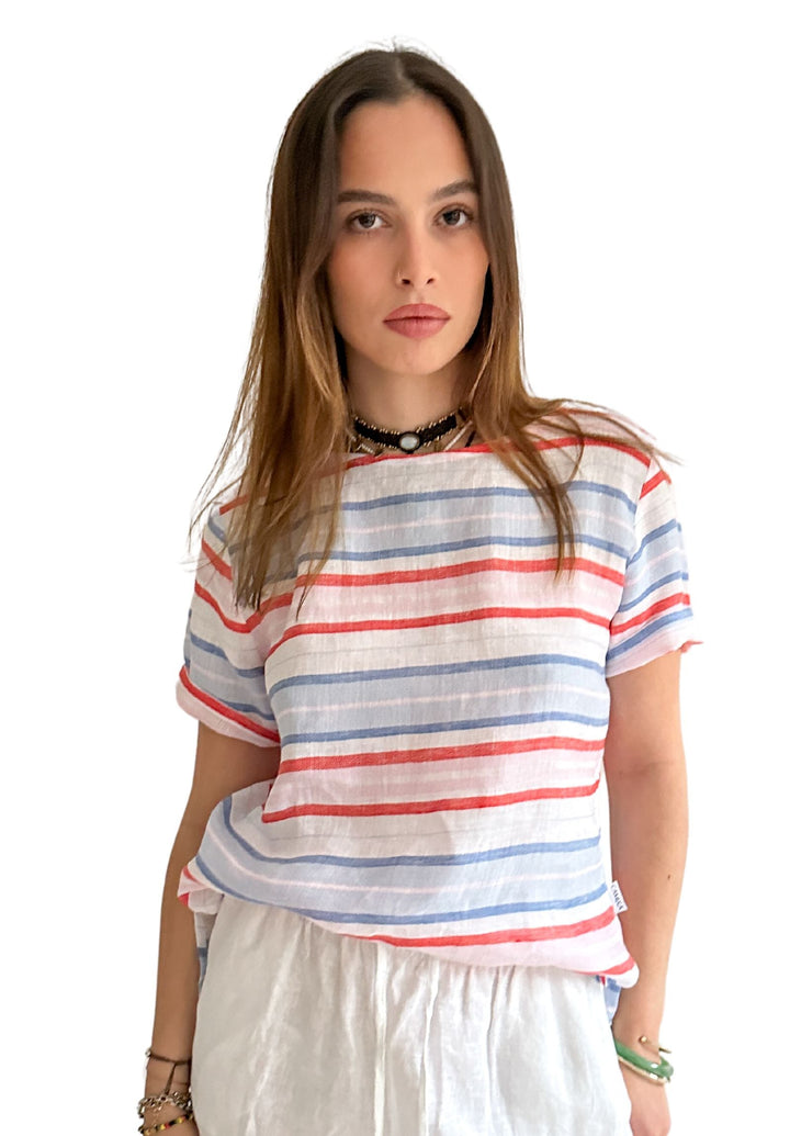 Teena-Linen Multi Stripes T-Shirt - Red Blue White