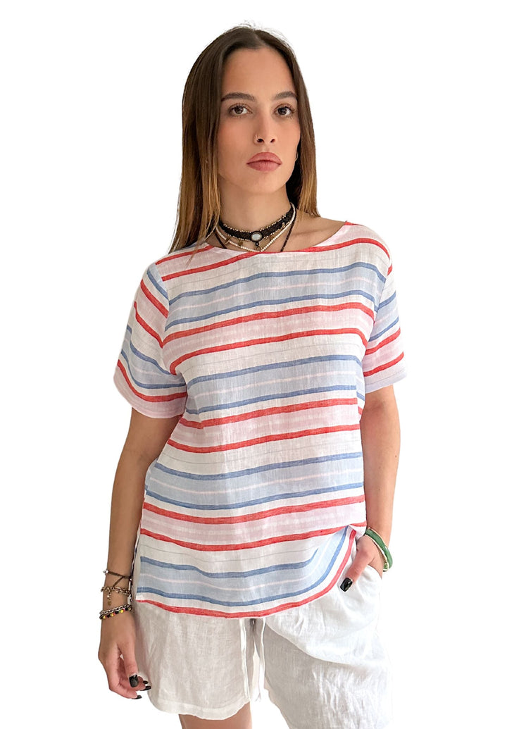 Teena-Linen Multi Stripes T-Shirt - Red Blue White