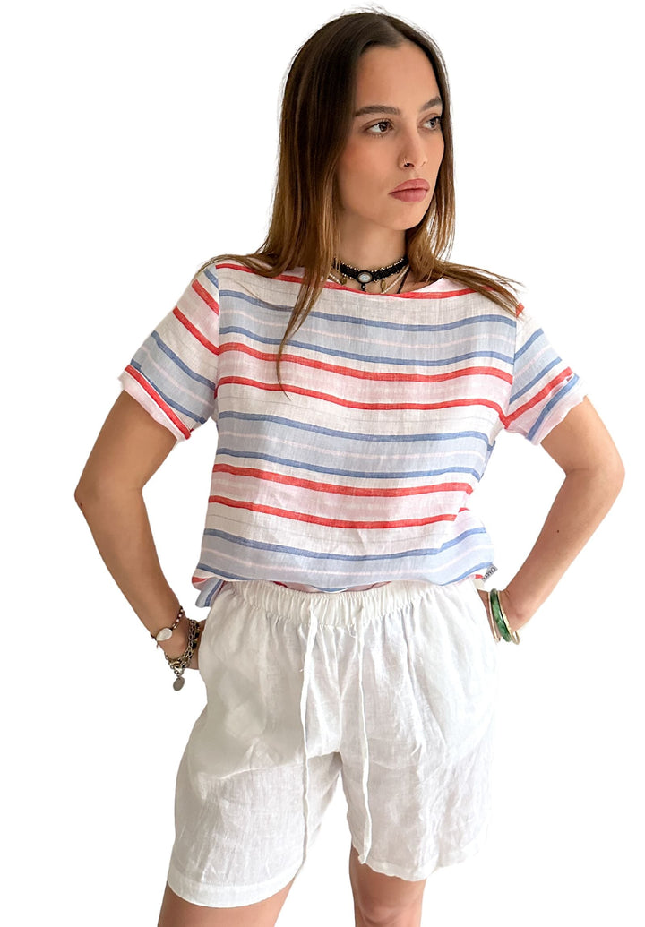 Teena-Linen Multi Stripes T-Shirt - Red Blue White