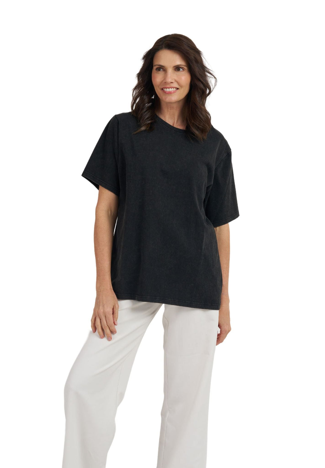 Teesha Black Boxy Distressed Cotton T-Shirt