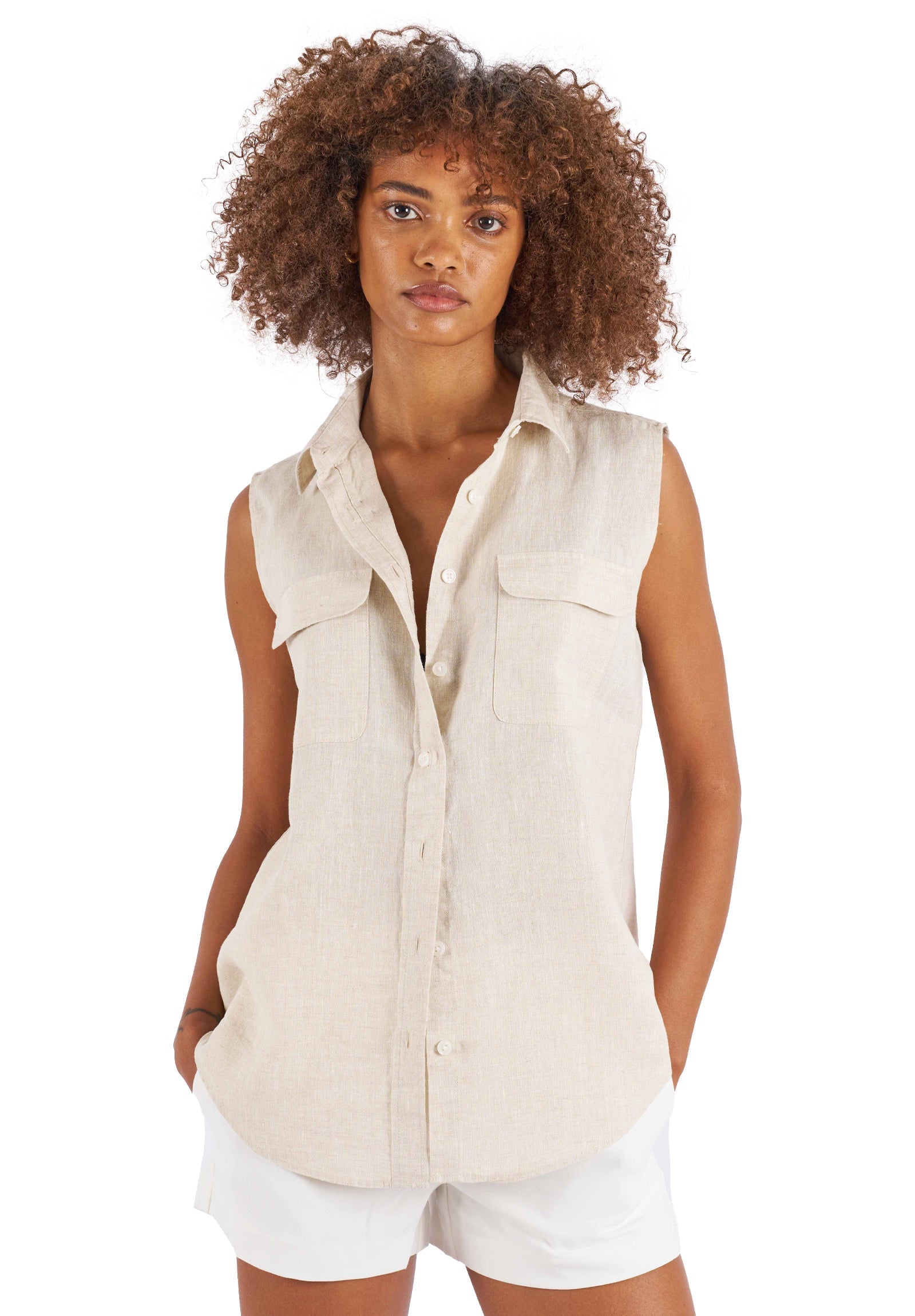 Aura Natural, Sleeveless Linen Shirt with Pockets – camixa.com