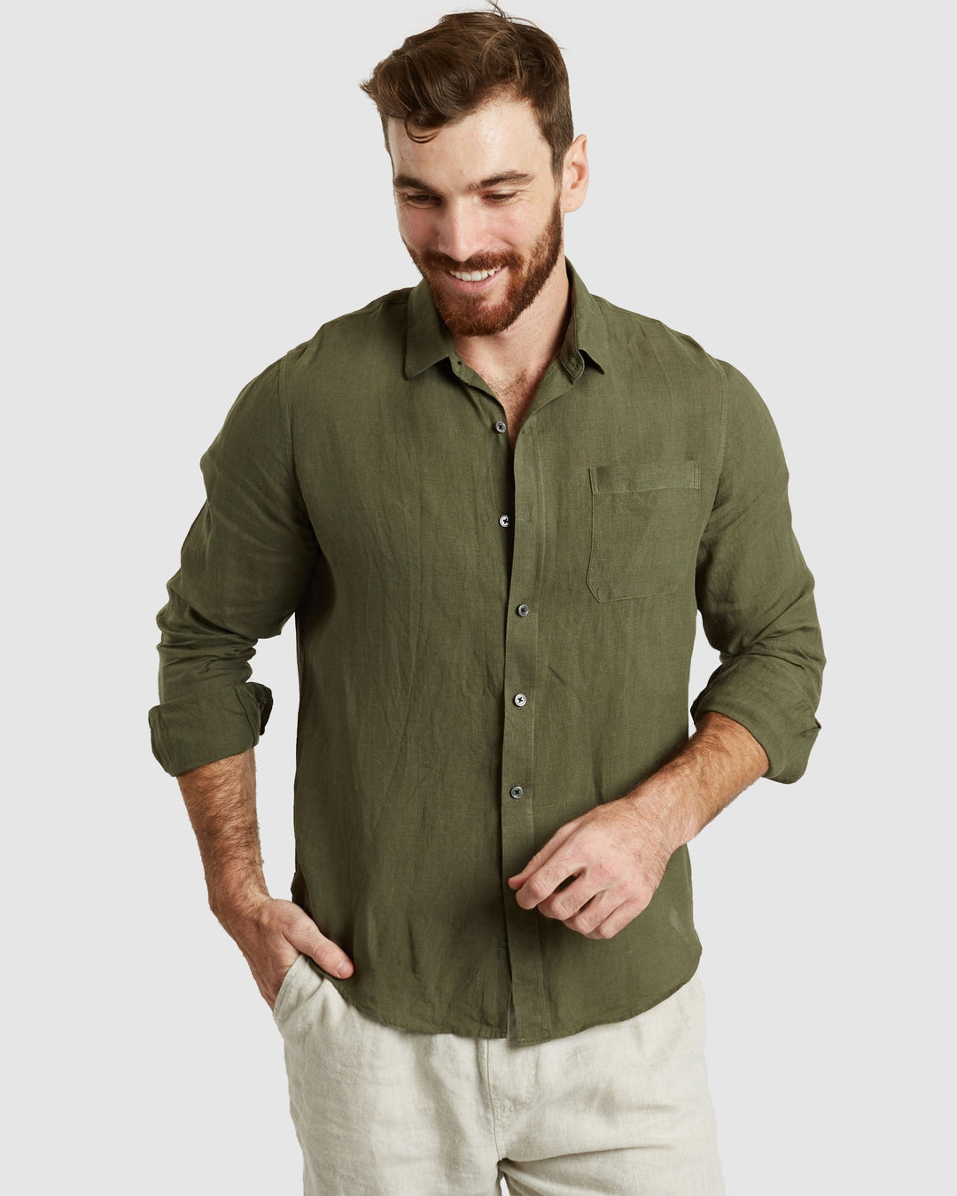 Palma Black Mandarin Collar Linen Shirt - Casual Fit –