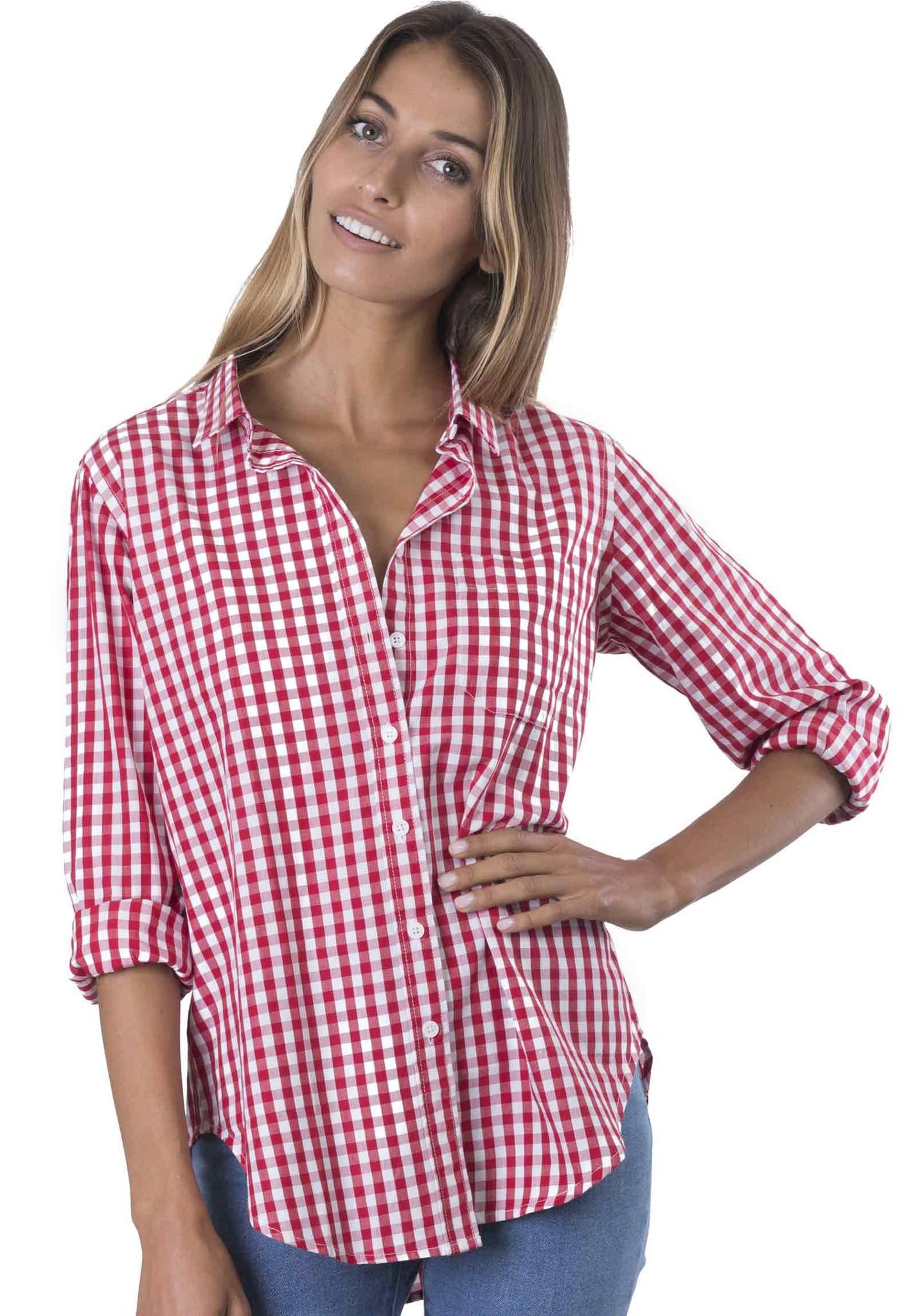 Leggiadro Women's Collared Gingham Button Down Shirt Red Check Size buy 6