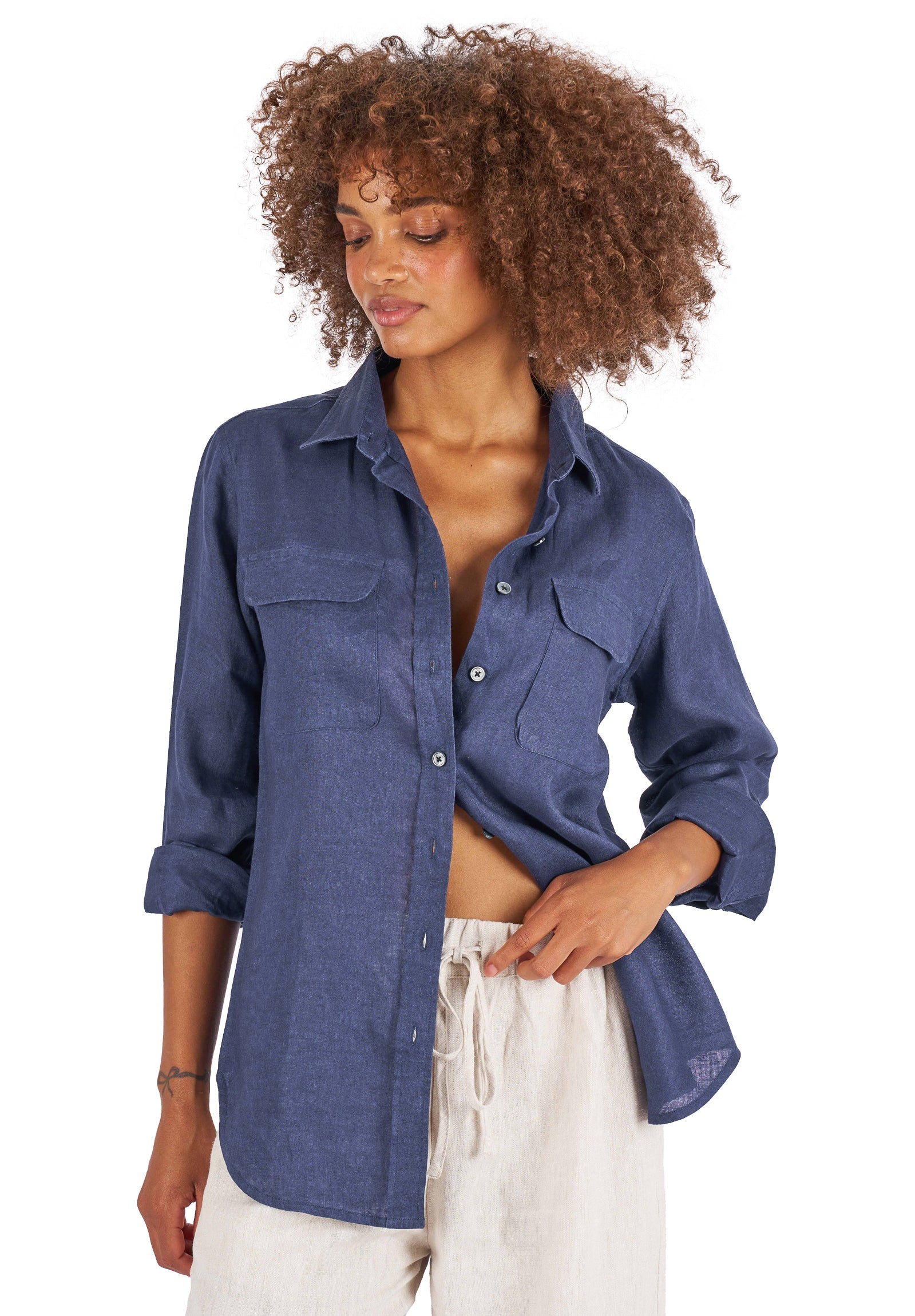 Lete-Linen Navy Blue Relaxed Linen Shirt With Pockets – camixa.com