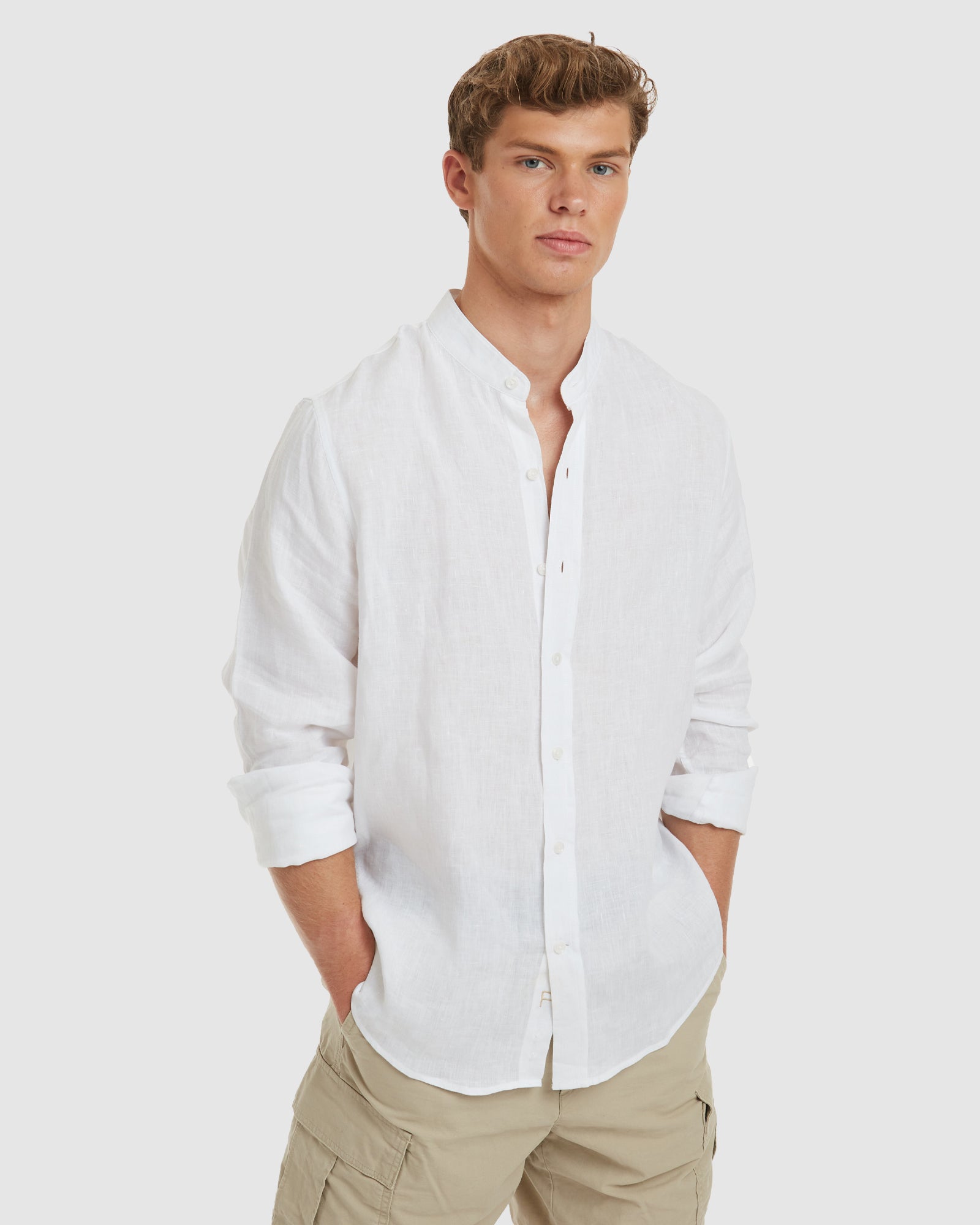 White linen shop shirt mandarin collar