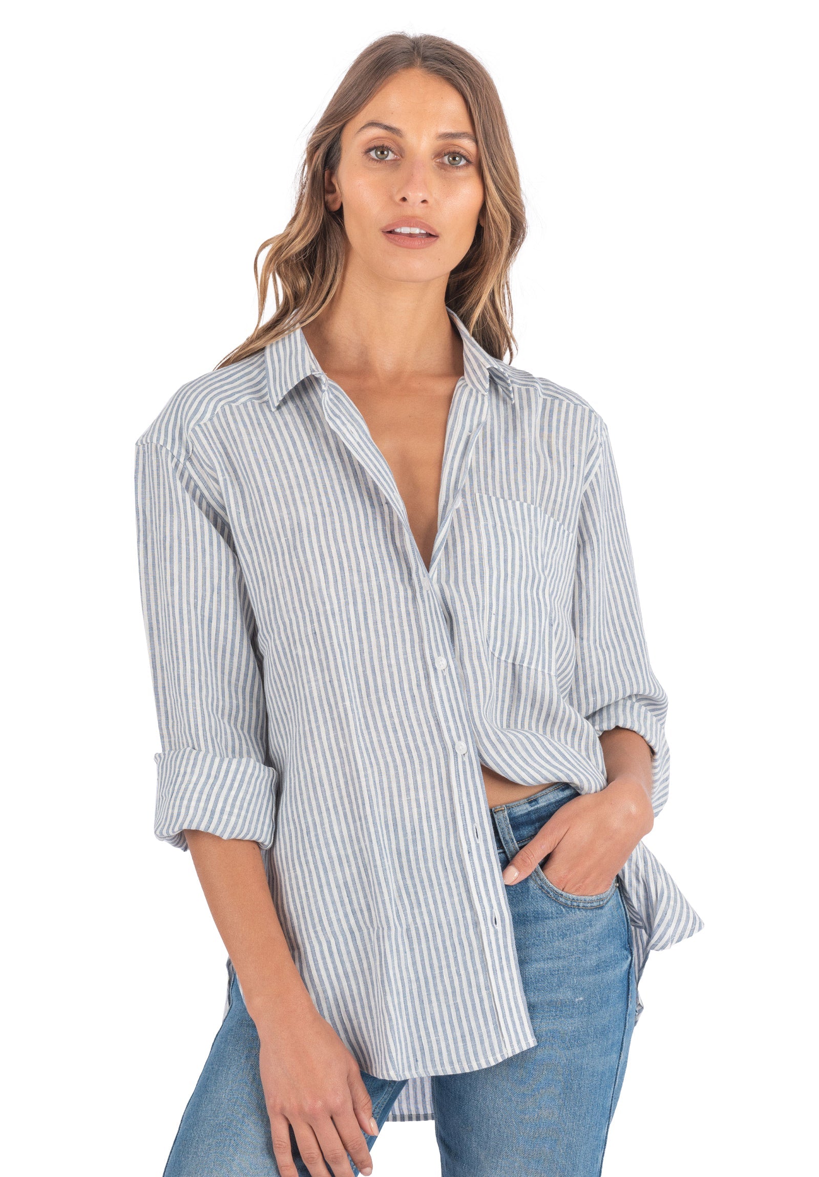 Poppy-Linen Blue Stripes Oversized Linen Shirt – camixa.com